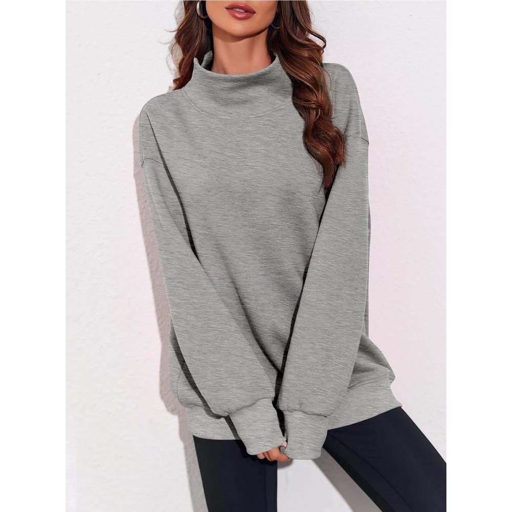 Gray Pullover Sweatshirt Women Long Sleeve Turtleneck Solid Relaxed Fit